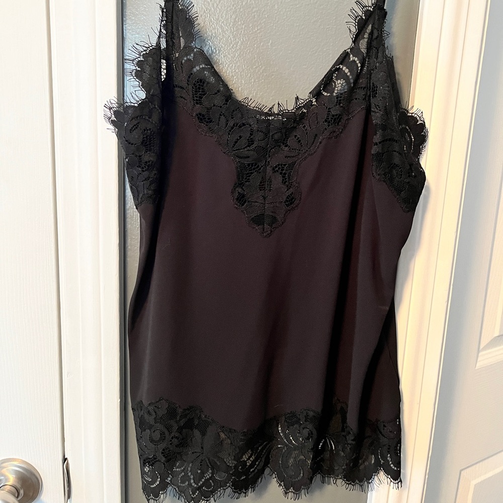 Express Black Lace Trim Silk-Feel Camisole Tank Top
